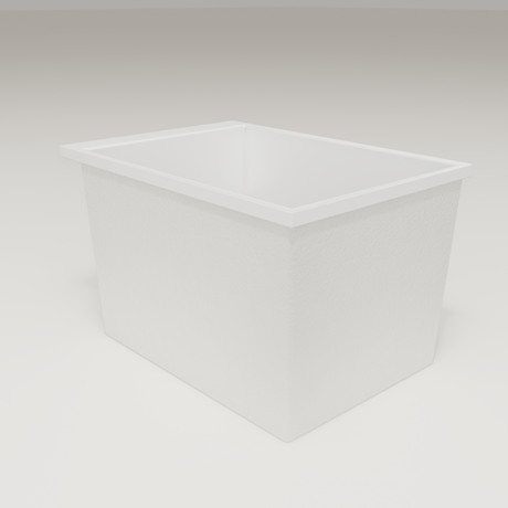 Omnitub Sheer 1000 deep soaking tub in white — 1000×700mm footprint, 600mm deep, three-quarter view, handmade in Britain [render:6_grounded:nofeet]