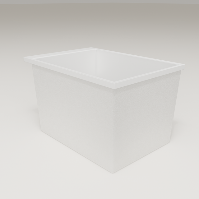 Omnitub Sheer 1000 deep soaking tub in white — 1000×700mm footprint, 600mm deep, three-quarter view, handmade in Britain [render:6_grounded:nofeet]