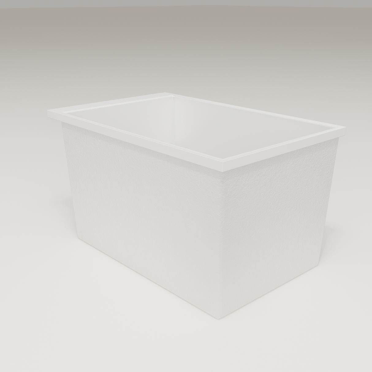 Omnitub Sheer 1100 deep soaking tub in white — 1100×700mm footprint, 600mm deep, three-quarter view, handmade in Britain [render:6_grounded:nofeet]
