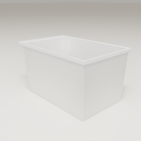Omnitub Sheer 1100 deep soaking tub in white — 1100×700mm footprint, 600mm deep, three-quarter view, handmade in Britain [render:6_grounded:nofeet]