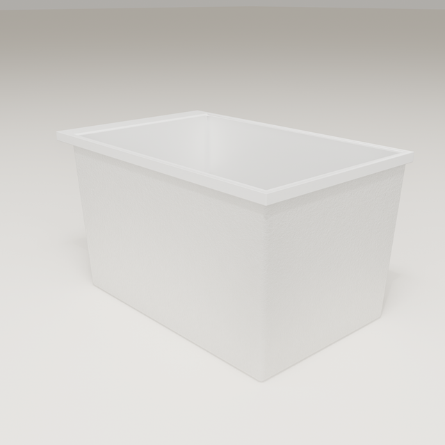 Omnitub Sheer 1100 deep soaking tub in white — 1100×700mm footprint, 600mm deep, three-quarter view, handmade in Britain [render:6_grounded:nofeet]