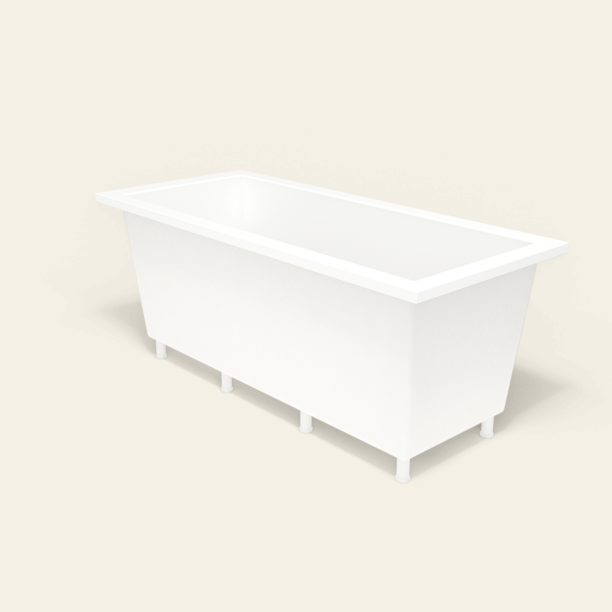 Omnitub 1700×750 white deep soaking bath — three-quarter, with feet [render:6_grounded:feet]