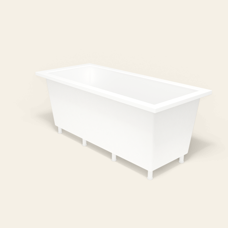 Omnitub 1700×750 white deep soaking bath — three-quarter, with feet [render:6_grounded:feet]