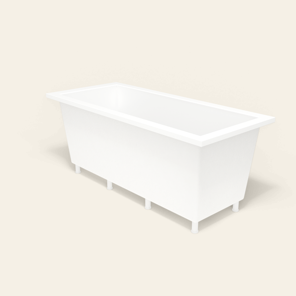 Omnitub 1700×750 white deep soaking bath — three-quarter, with feet [render:6_grounded:feet]