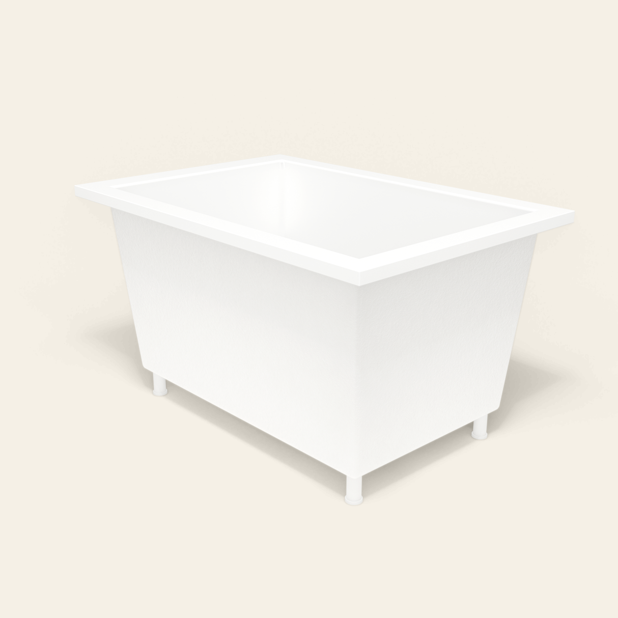 Omnitub 1250×850 white deep soaking bath — three-quarter, with feet [render:6_grounded:feet]