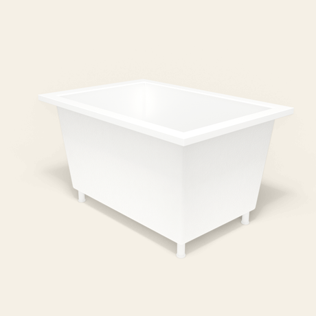 Omnitub 1250×850 white deep soaking bath — three-quarter, with feet [render:6_grounded:feet]