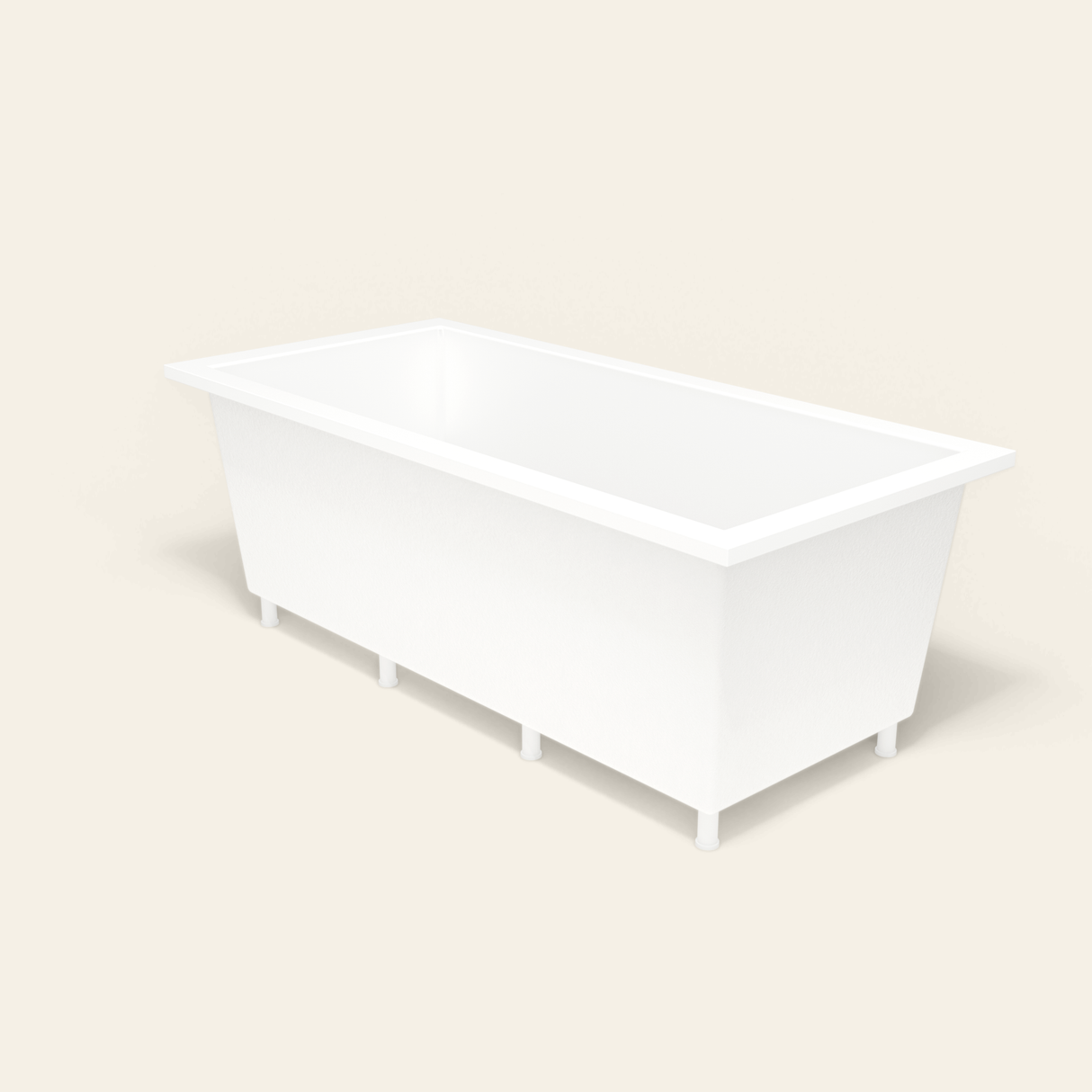 Omnitub 1900×900 white deep soaking bath — three-quarter, with feet [render:6_grounded:feet]