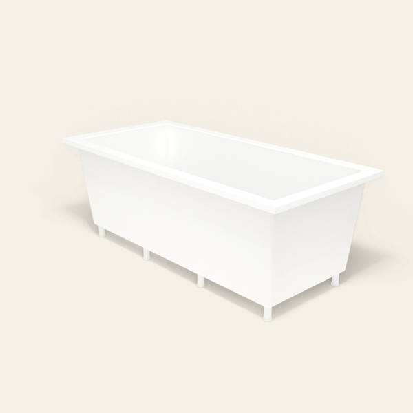 Omnitub 1900×900 white deep soaking bath — three-quarter, with feet [render:6_grounded:feet]