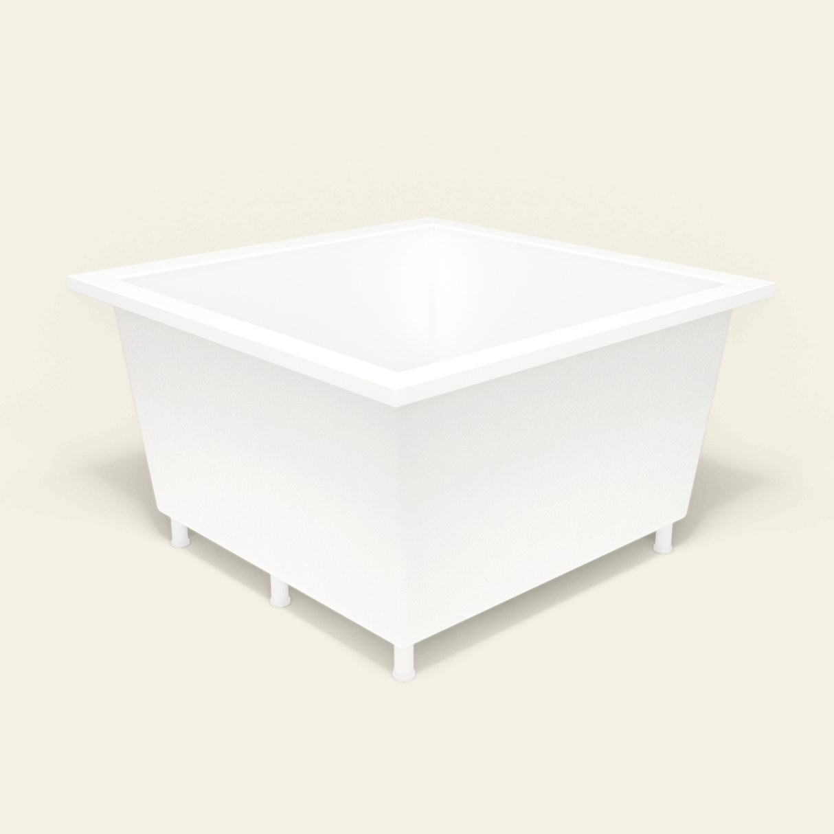 Omnitub 1200×1200 white deep soaking bath — three-quarter, with feet [render:6_grounded:feet]