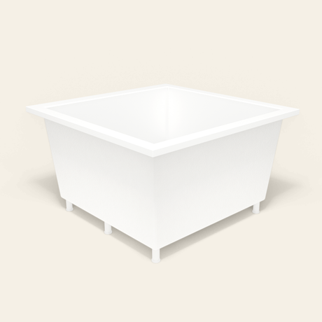 Omnitub 1200×1200 white deep soaking bath — three-quarter, with feet [render:6_grounded:feet]