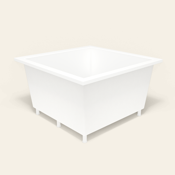 Omnitub 1200×1200 white deep soaking bath — three-quarter, with feet [render:6_grounded:feet]
