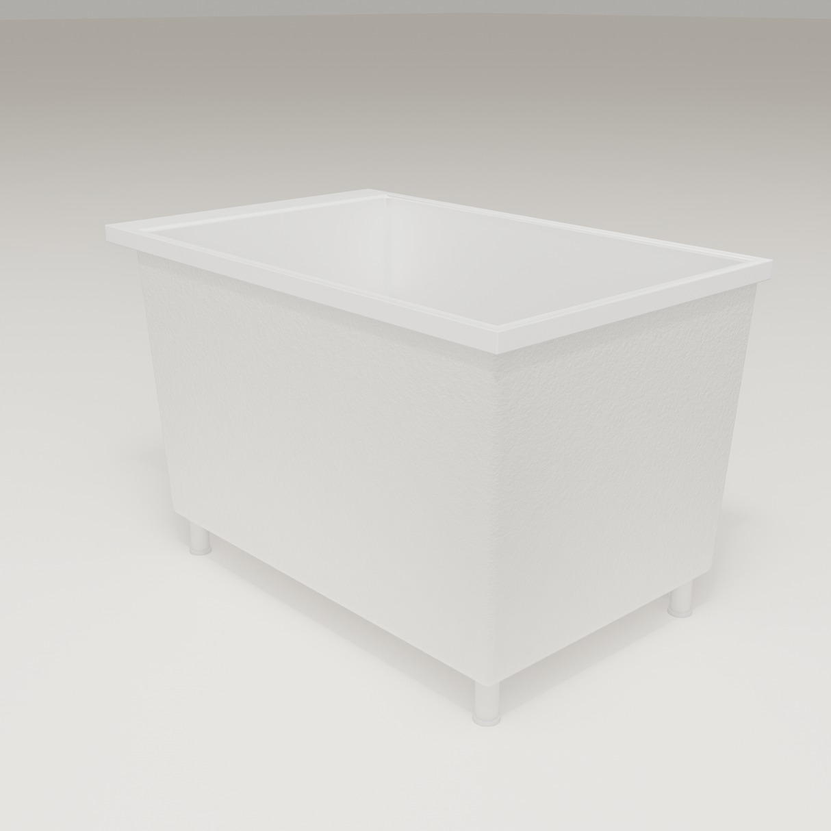 Omnitub Sheer 1100 deep soaking tub in white — 1100×700mm footprint, 600mm deep, three-quarter view, shown on feet, handmade in Britain [render:6_grounded:feet]