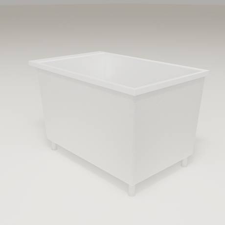 Omnitub Sheer 1100 deep soaking tub in white — 1100×700mm footprint, 600mm deep, three-quarter view, shown on feet, handmade in Britain [render:6_grounded:feet]