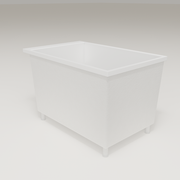 Omnitub Sheer 1100 deep soaking tub in white — 1100×700mm footprint, 600mm deep, three-quarter view, shown on feet, handmade in Britain [render:6_grounded:feet]