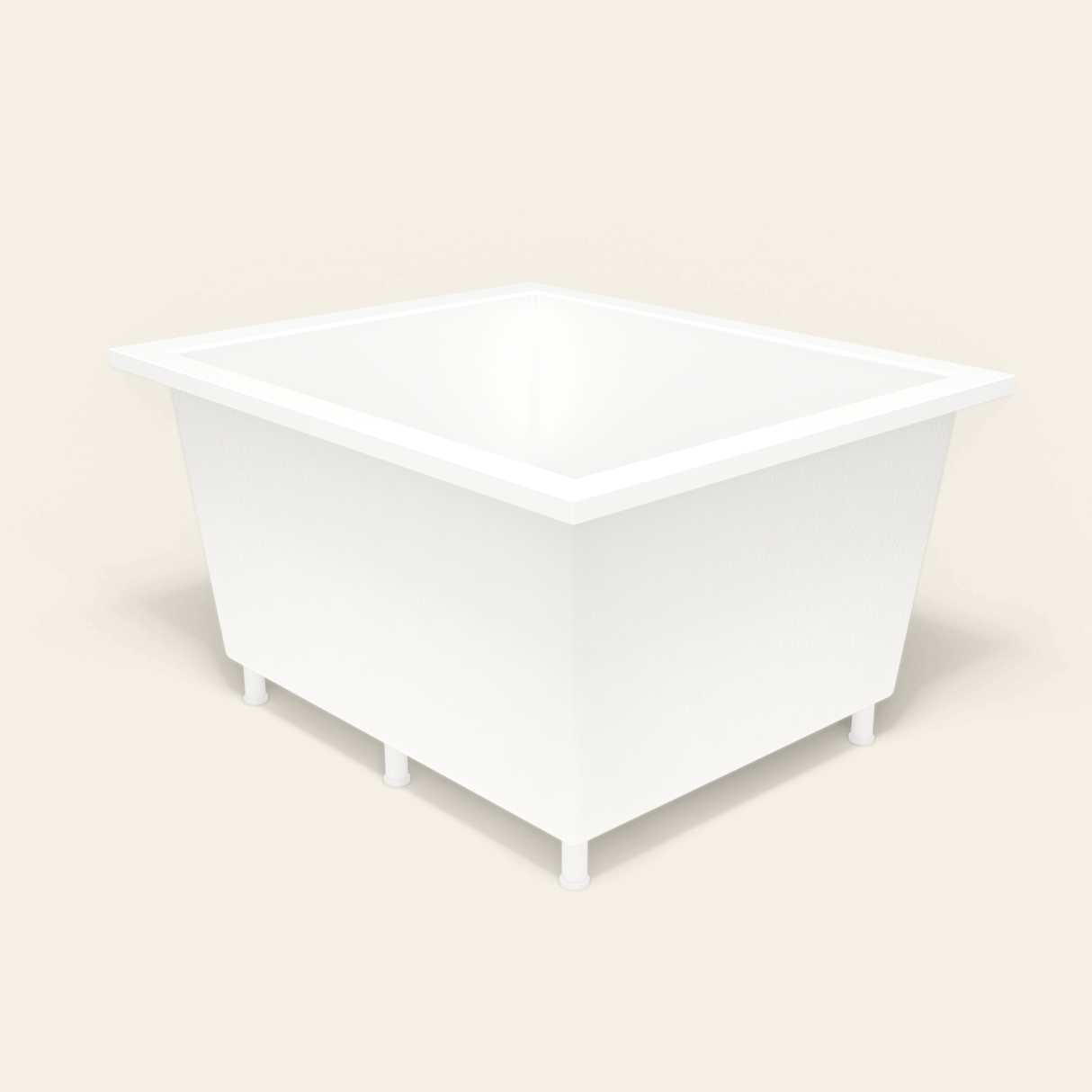 Omnitub 1250×1050 white deep soaking bath — three-quarter, with feet [render:6_grounded:feet]