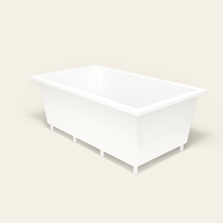 Omnitub 1800×1050 white deep soaking bath — three-quarter, with feet [render:6_grounded:feet]