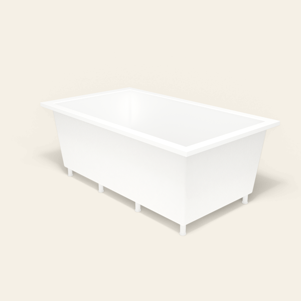 Omnitub 1800×1050 white deep soaking bath — three-quarter, with feet [render:6_grounded:feet]