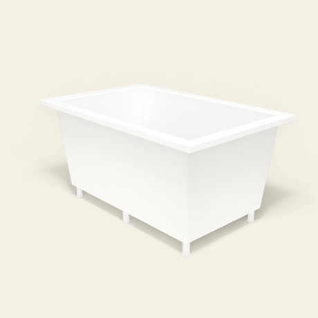 Omnitub 1400×900 white deep soaking bath — three-quarter, with feet [render:6_grounded:feet]