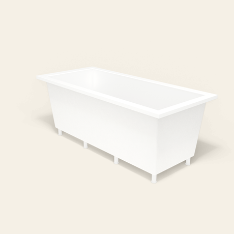 Omnitub 1800×800 white deep soaking bath — three-quarter, with feet [render:6_grounded:feet]