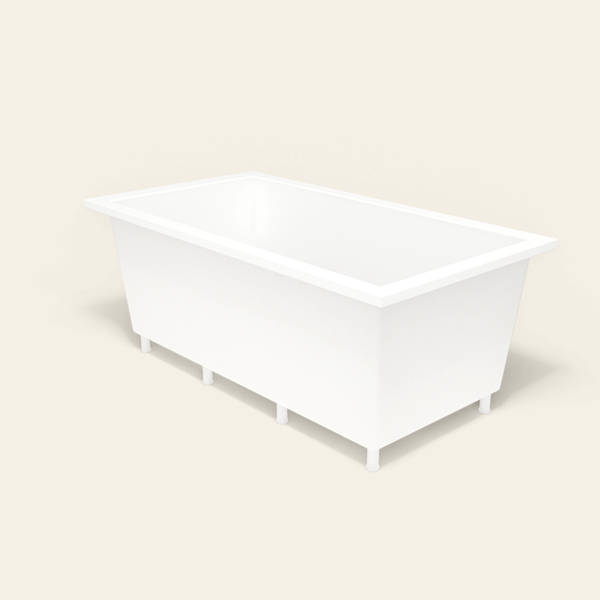 Omnitub 1750×950 white deep soaking bath — three-quarter, with feet [render:6_grounded:feet]