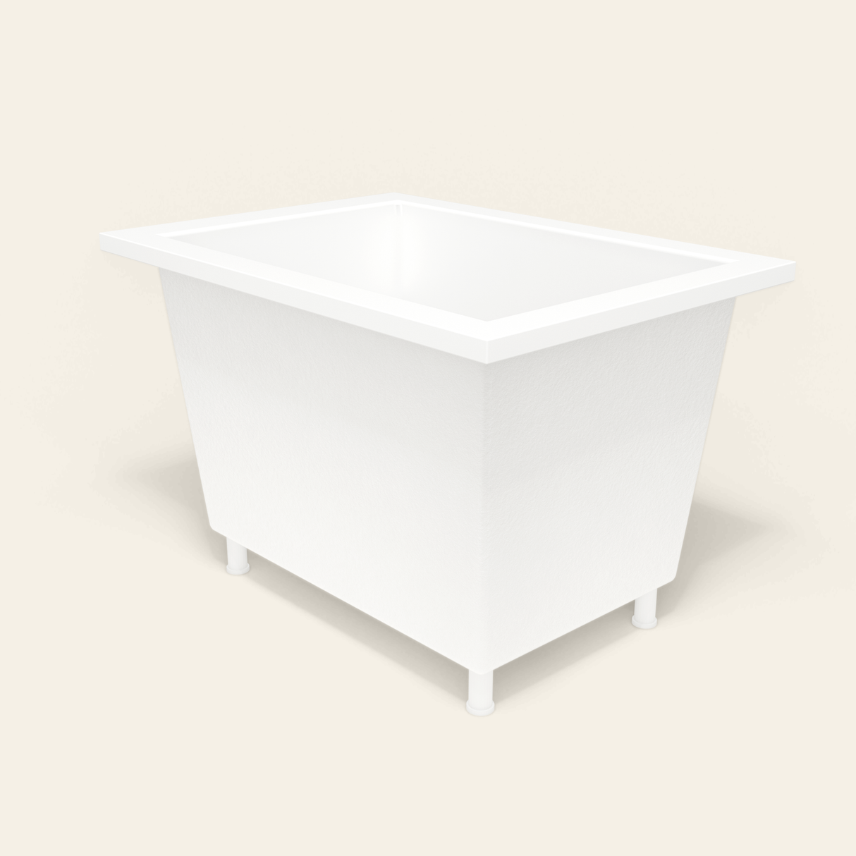 Omnitub 1050×750 white deep soaking bath — three-quarter, with feet [render:6_grounded:feet]