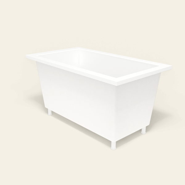 Omnitub 1350×750 white deep soaking bath — three-quarter, with feet [render:6_grounded:feet]