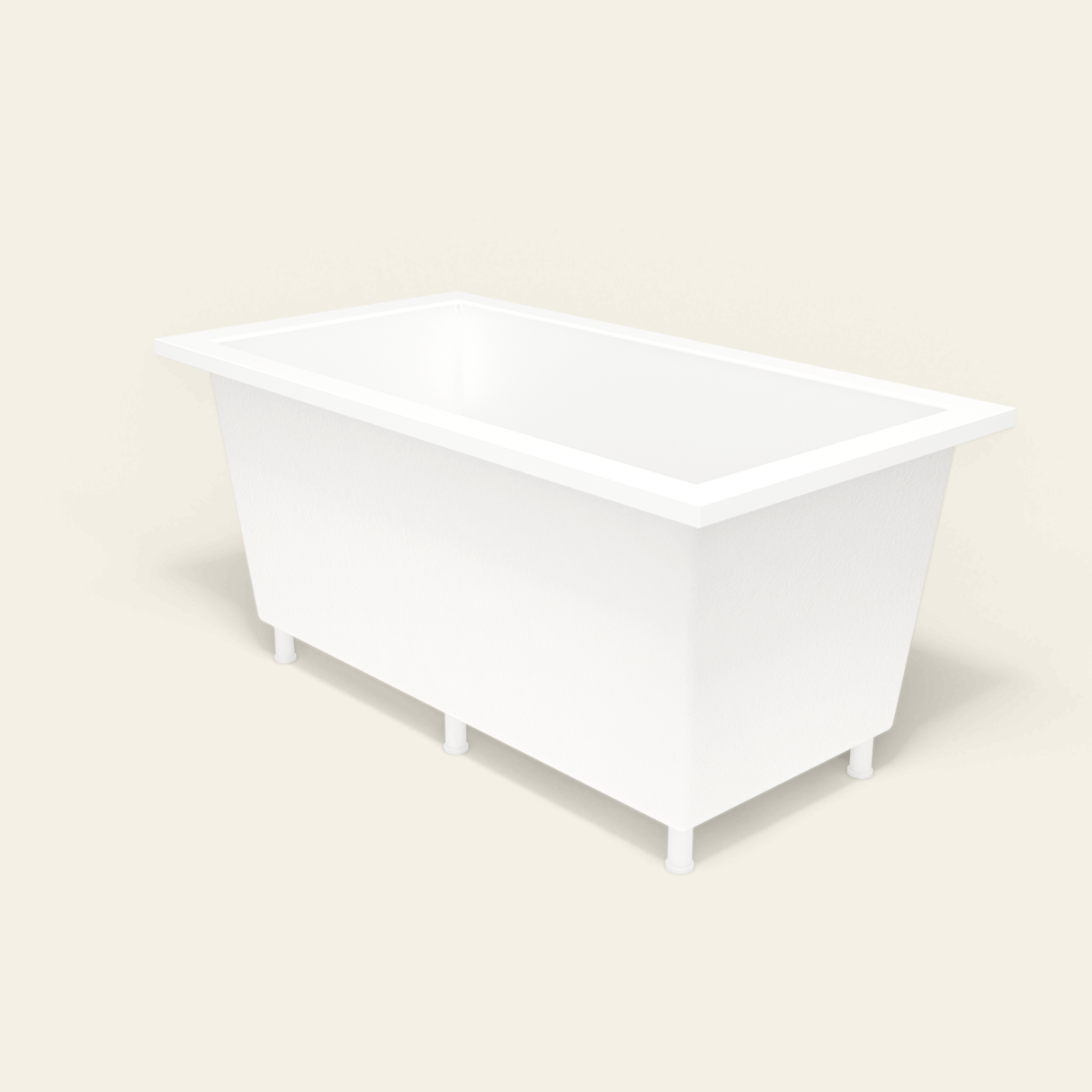 Omnitub 1500×800 white deep soaking bath — three-quarter, with feet [render:6_grounded:feet]