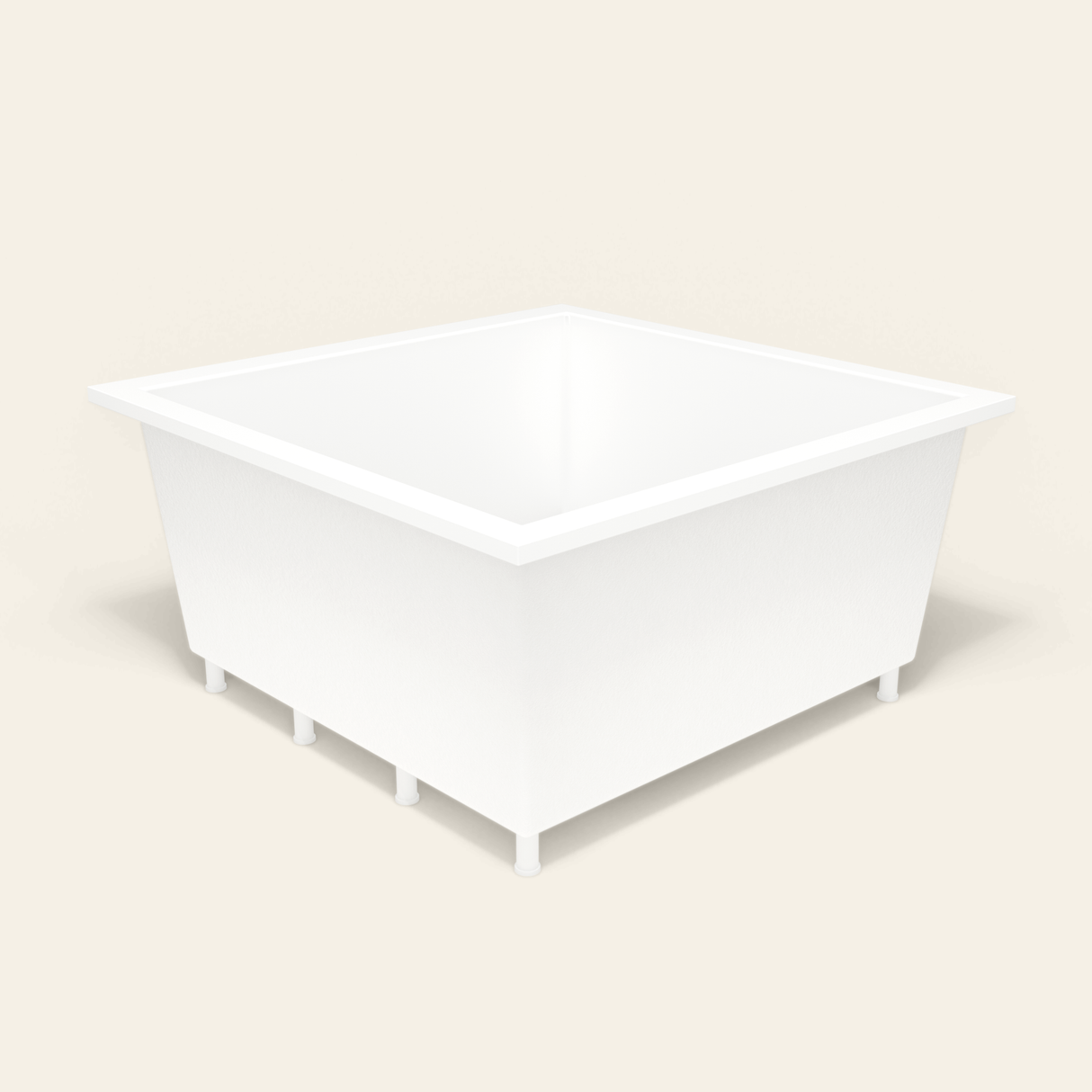 Omnitub 1400×1400 white deep soaking bath — three-quarter, with feet [render:6_grounded:feet]