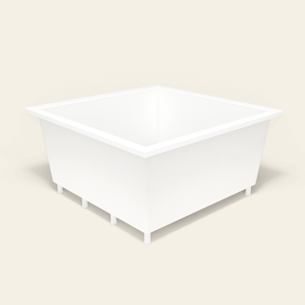 Omnitub 1400×1400 white deep soaking bath — three-quarter, with feet [render:6_grounded:feet]