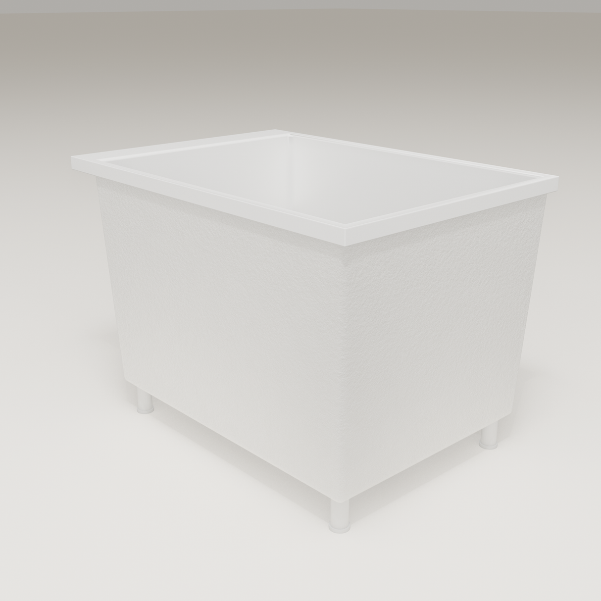 Omnitub Sheer 1000 deep soaking tub in white — 1000×700mm footprint, 600mm deep, three-quarter view, shown on feet, handmade in Britain [render:6_grounded:feet]