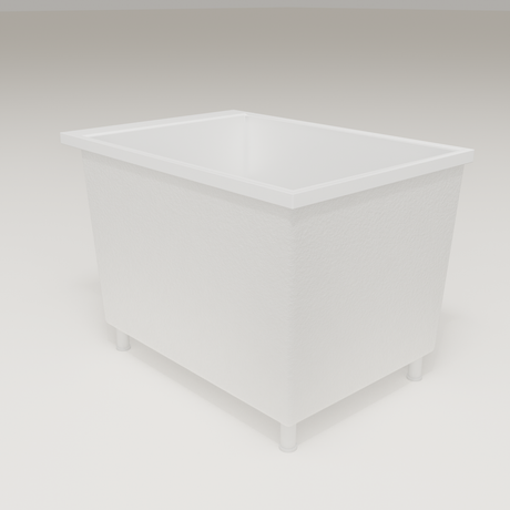 Omnitub Sheer 1000 deep soaking tub in white — 1000×700mm footprint, 600mm deep, three-quarter view, shown on feet, handmade in Britain [render:6_grounded:feet]