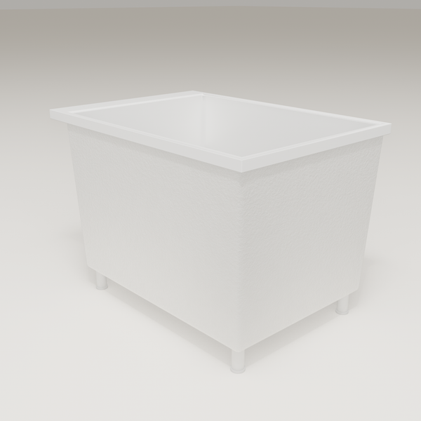 Omnitub Sheer 1000 deep soaking tub in white — 1000×700mm footprint, 600mm deep, three-quarter view, shown on feet, handmade in Britain [render:6_grounded:feet]