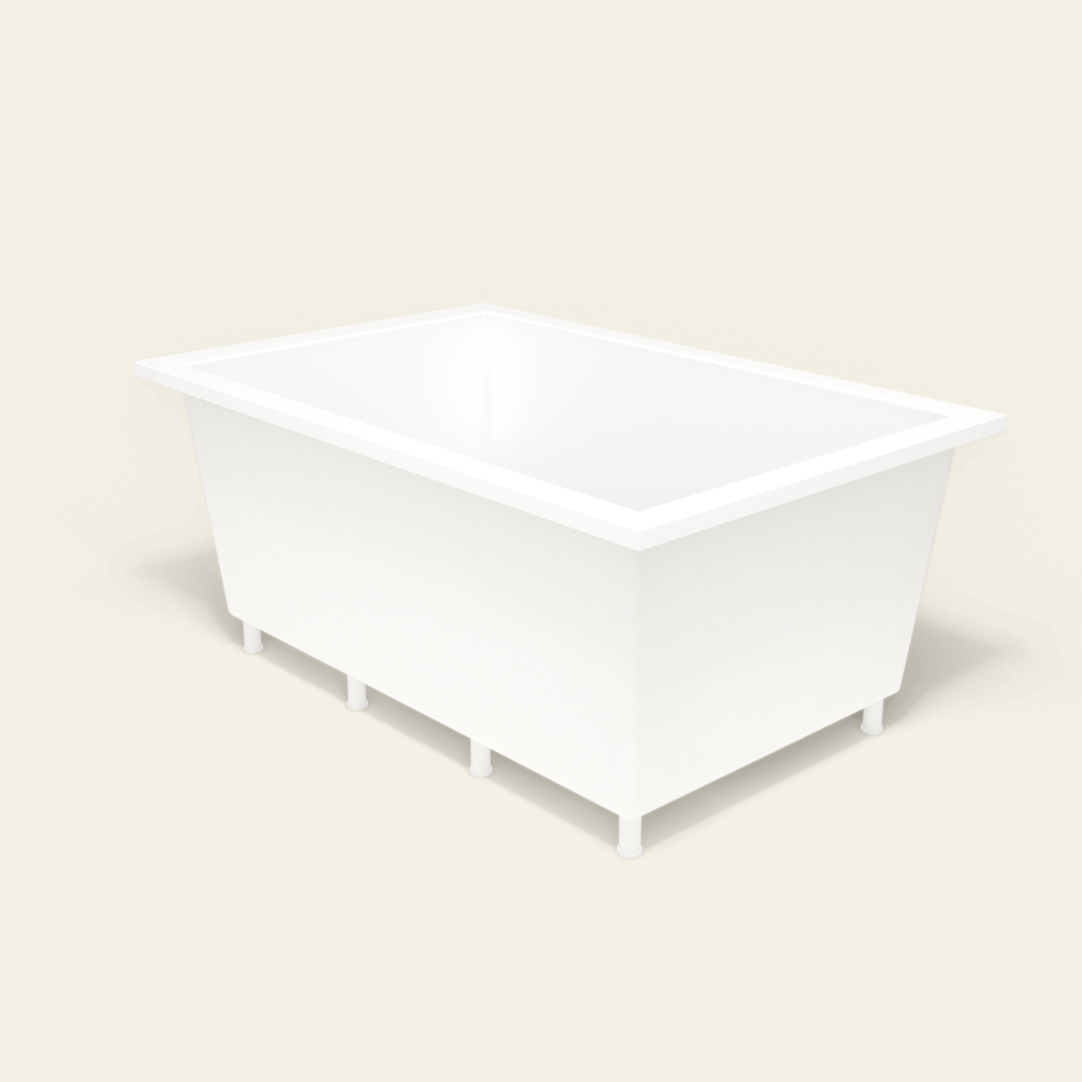 Omnitub 1600×1050 white deep soaking bath — three-quarter, with feet [render:6_grounded:feet]