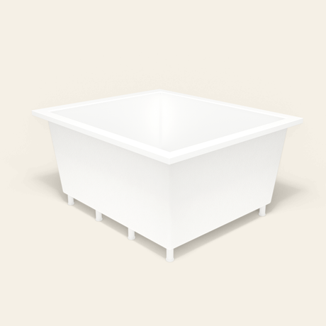 Omnitub 1400×1200 white deep soaking bath — three-quarter, with feet [render:6_grounded:feet]