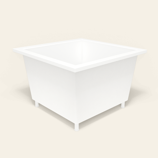 Omnitub 1050×1050 white deep soaking bath — three-quarter, with feet [render:6_grounded:feet]