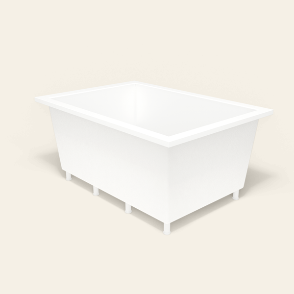 Omnitub 1500×1050 white deep soaking bath — three-quarter, with feet [render:6_grounded:feet]