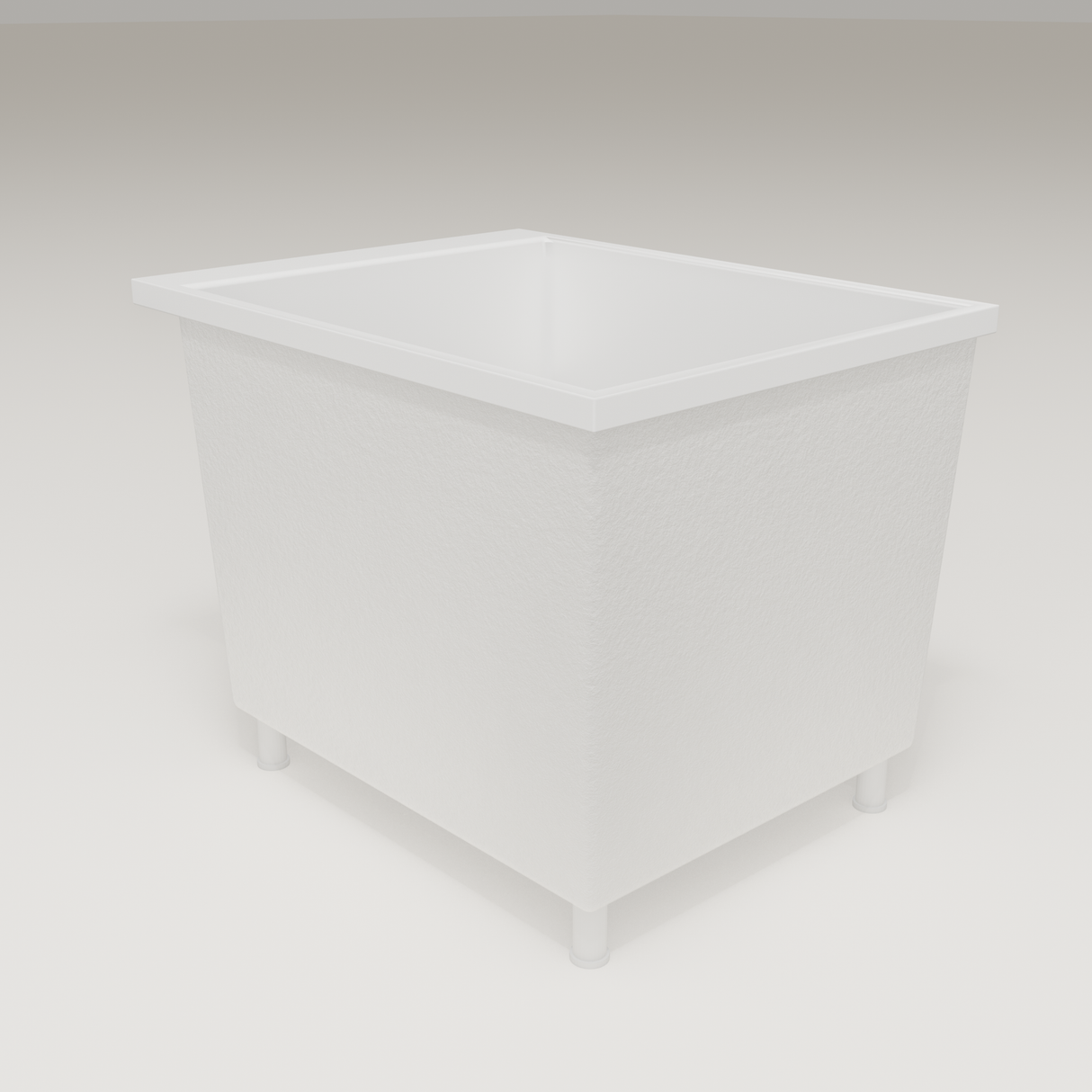 Omnitub Sheer 900 deep soaking tub in white — 900×700mm footprint, 600mm deep, three-quarter view, shown on feet, handmade in Britain [render:6_grounded:feet]