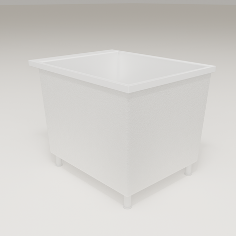 Omnitub Sheer 900 deep soaking tub in white — 900×700mm footprint, 600mm deep, three-quarter view, shown on feet, handmade in Britain [render:6_grounded:feet]