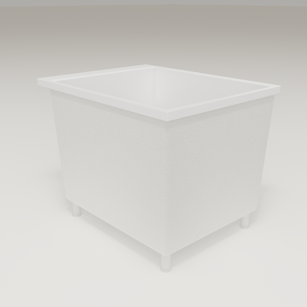 Omnitub Sheer 900 deep soaking tub in white — 900×700mm footprint, 600mm deep, three-quarter view, shown on feet, handmade in Britain [render:6_grounded:feet]