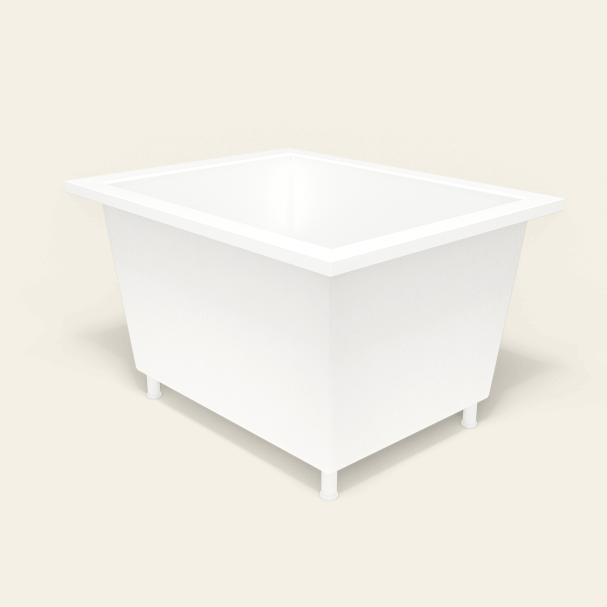 Omnitub 1150×900 white deep soaking bath — three-quarter, with feet [render:6_grounded:feet]