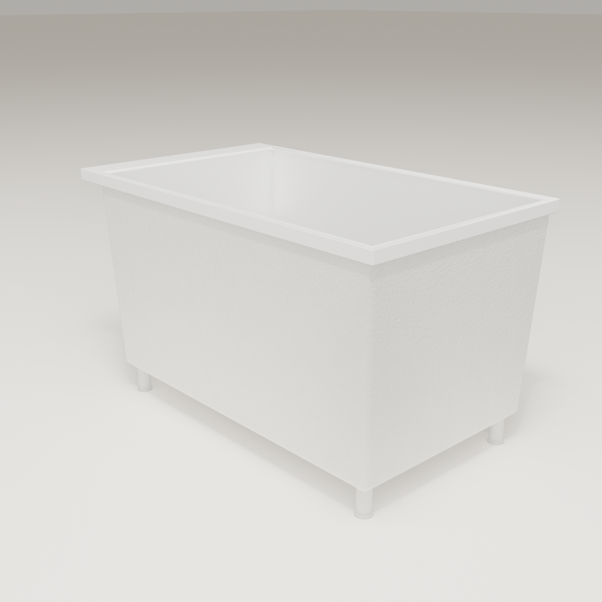 Omnitub Sheer 1200 deep soaking tub in white — 1200×700mm footprint, 600mm deep, three-quarter view, shown on feet, handmade in Britain [render:6_grounded:feet]