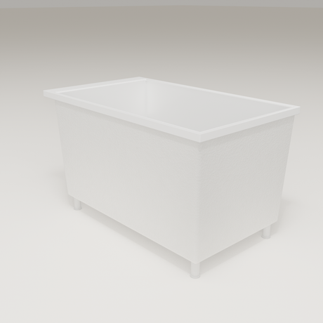 Omnitub Sheer 1200 deep soaking tub in white — 1200×700mm footprint, 600mm deep, three-quarter view, shown on feet, handmade in Britain [render:6_grounded:feet]