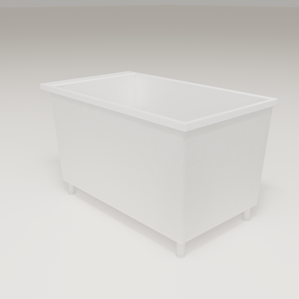 Omnitub Sheer 1200 deep soaking tub in white — 1200×700mm footprint, 600mm deep, three-quarter view, shown on feet, handmade in Britain [render:6_grounded:feet]