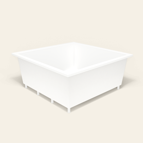 Omnitub 1600×1600 white deep soaking bath — three-quarter, with feet [render:6_grounded:feet]