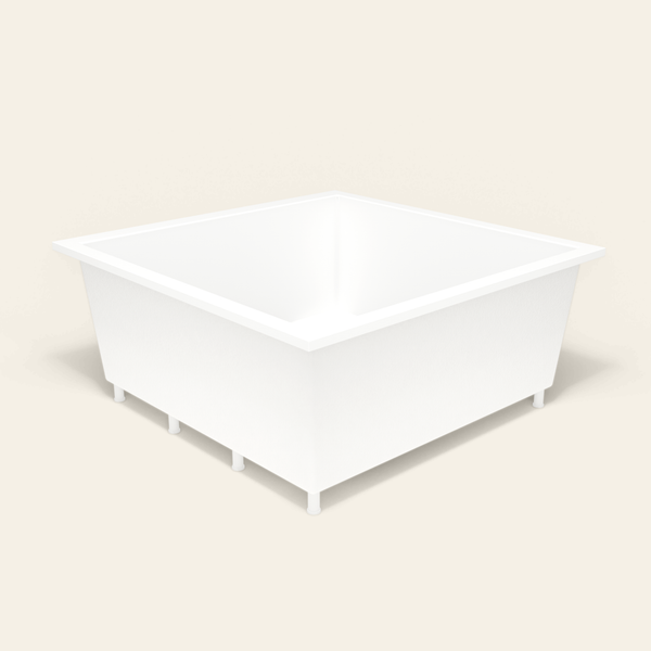 Omnitub 1600×1600 white deep soaking bath — three-quarter, with feet [render:6_grounded:feet]