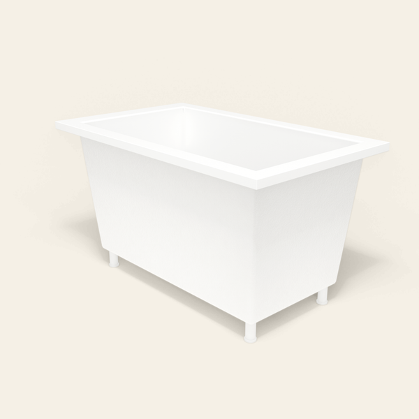 Omnitub 1250×750 white deep soaking bath — three-quarter, with feet [render:6_grounded:feet]