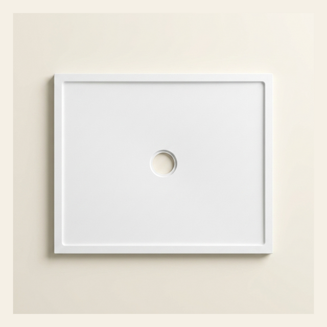 740mm × 590mm Omnitub Pure White shower tray — 35mm slim non-slip Omnigel surface, BS 4800 00 E 55, handmade in Somerset