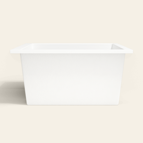 Omnitub 1250×1050 white deep soaking bath — side profile [render:7_long_side:nofeet]