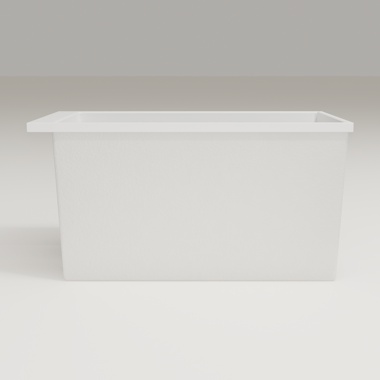 Omnitub Sheer 1200 deep soaking tub in white — 1200×700mm footprint, 600mm deep, side profile, handmade in Britain [render:7_long_side:nofeet]