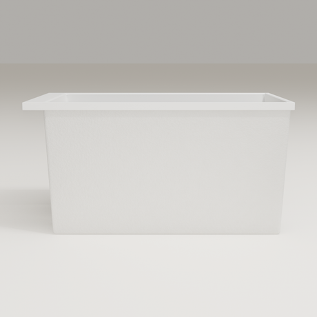 Omnitub Sheer 1200 deep soaking tub in white — 1200×700mm footprint, 600mm deep, side profile, handmade in Britain [render:7_long_side:nofeet]